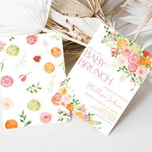 Editable Citrus Baby Brunch Baby Shower Invitation, Pink Floral Orange Citrus Baby Shower Invite, Girl Lemon Baby Shower Invitation, 0721 image 2