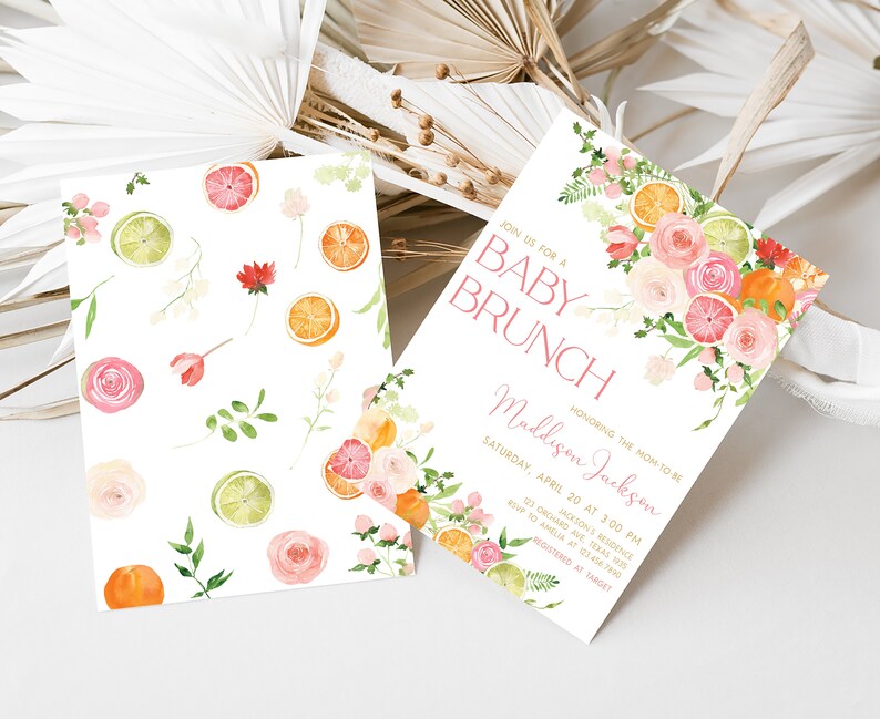 Editable Citrus Baby Brunch Baby Shower Invitation, Pink Floral Orange Citrus Baby Shower Invite, Girl Lemon Baby Shower Invitation, 0721 image 2