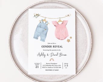 Editable Boho Gender Reveal Invitation, Baby Clothes Gender Reveal Invite, Boho Clothesline Gender Reveal Party Invitation Template, GR8