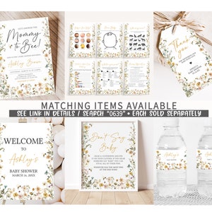 May include: A set of printable baby shower decorations with a floral theme. The set includes a welcome sign, a don't say baby game, a thank you tag, and water bottle labels. The decorations feature a floral pattern with bees and butterflies in shades of yellow, pink, and green.