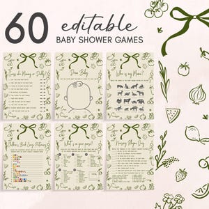 May include: A set of six printable baby shower games with a botanical theme. The games include "Guess Who Mommy or Daddy?", "Draw Baby", and "Who is my Mama?" The text "60 editable baby shower games" is at the top.