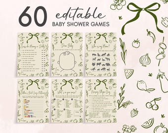 Edytowalny pakiet gier na baby shower z lokalnie uprawianych produktów, pakiet gier na baby shower z ekologicznego targu rolników, ręcznie rysowane gry dla dzieci z lokalnie uprawianych produktów, 01108
