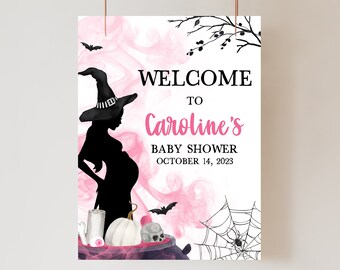 Edytowalny znak powitalny na baby shower z motywem „Dziewczyna z browaru” z okazji Halloween, różowy znak powitalny na baby shower z motywem czarownicy, znak powitalny na baby shower z okazji Halloween 0452