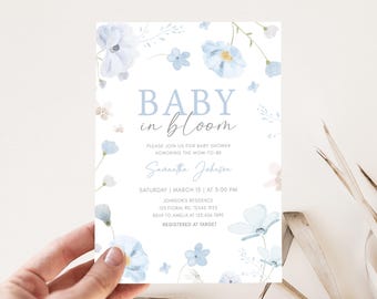 Editable Blue Baby in Bloom Baby Shower Invitation, Boy Floral Baby Shower Invitation, Dusty Blue Wildflower Spring Baby Shower Invite 01031