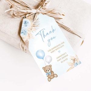 Editable Blue Pampas Grass Boy Boho Bear Baby Shower Favor Tags, We Can Bearly Wait Baby Shower Gifts Tag, Brown Bear Thank You Tags, 0622 image 3