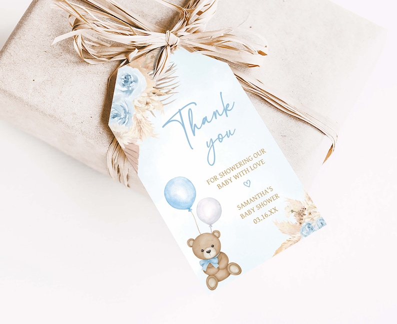 Editable Blue Pampas Grass Boy Boho Bear Baby Shower Favor Tags, We Can Bearly Wait Baby Shower Gifts Tag, Brown Bear Thank You Tags, 0622 image 3