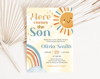 Editable Sun Baby Shower Invitation, Boy Sonshine Baby Shower Invitation, Here Comes the Son Baby Shower Invite, Boho Sunshine Shower, 01048