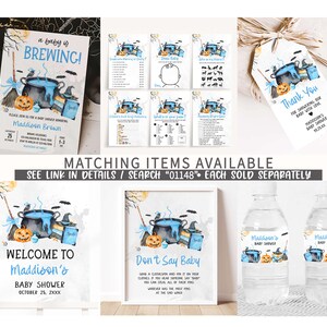 The image is a collage of various baby shower items, including a baby-themed invitation, a baby shower game, a baby shower thank you card, and a baby shower water bottle label.
