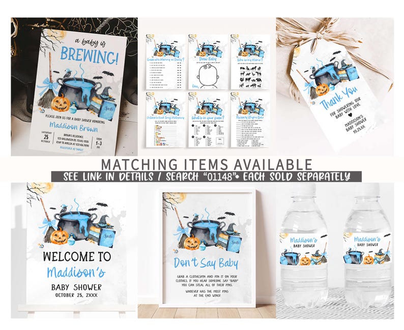 The image is a collage of various baby shower items, including a baby-themed invitation, a baby shower game, a baby shower thank you card, and a baby shower water bottle label.