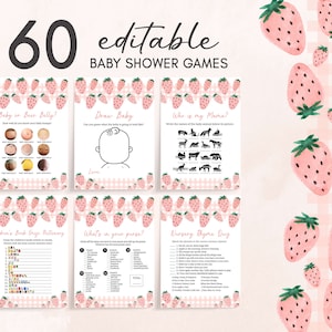 Aardbei babyshower spelletjesbundel, Berry Sweet Welcome babyshower activiteit, zomer babyshower meisje schattig aardbeifeestje afdrukbaar 0180