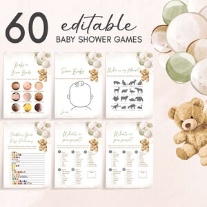 Bearbeitbares geschlechtsneutrales Bärn-Babyparty-Spielepaket, Wir können Bärenbabyparty-Spielpaket warten, Grüner Ballonbär-Babypartyspiele, 0526 Bild 1