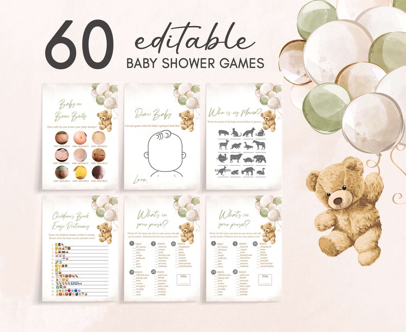 Bearbeitbares geschlechtsneutrales Bärn-Babyparty-Spielepaket, Wir können Bärenbabyparty-Spielpaket warten, Grüner Ballonbär-Babypartyspiele, 0526 Bild 1