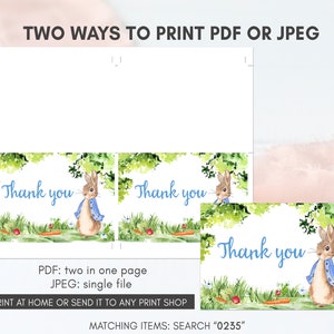 May include: Two printable thank you cards featuring a watercolor illustration of Peter Rabbit in a blue jacket. The text "Thank you" is written in blue cursive font. The cards can be printed as a PDF with two cards per page or as a JPEG with one card per page. The text "Print at home or send it to any print shop" is included at the bottom of the image. The text "Matching items: Search "0235" is also included at the bottom of the image.