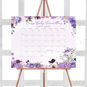 May include: A purple and white baby shower game board with a calendar for guests to guess the baby's due date. The board features a floral design with purple flowers and greenery. The text "Guess Baby Samantha's Birth Date" is at the top of the board.