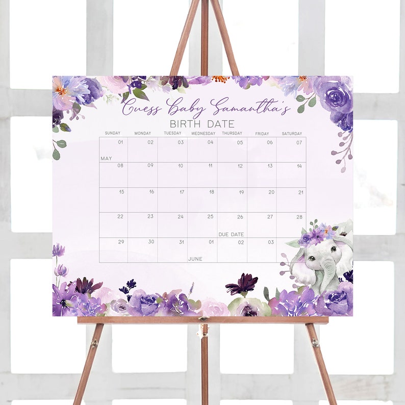 May include: A purple and white baby shower game board with a calendar for guests to guess the baby's due date. The board features a floral design with purple flowers and greenery. The text "Guess Baby Samantha's Birth Date" is at the top of the board.