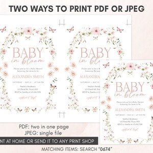 Editable Baby in Bloom Floral Baby Shower Invitation, Butterfly Baby Shower Invite, Butterflies Wildflower Spring Baby Shower Invite, 0674 image 3