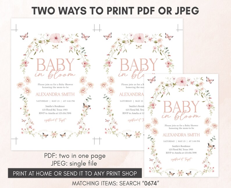 Editable Baby in Bloom Floral Baby Shower Invitation, Butterfly Baby Shower Invite, Butterflies Wildflower Spring Baby Shower Invite, 0674 image 3