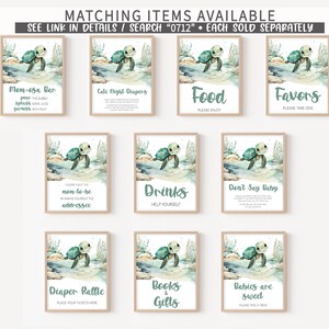 May include: Set of ten printable signs featuring a watercolor illustration of a sea turtle. The signs are for a baby shower and include titles like "Mom-osa Bar", "Late Night Diapers", "Food", "Favors", "Drinks", "Don't Say Baby", "Diaper Raffle", "Books & Gifts", and "Babies are Sweet".