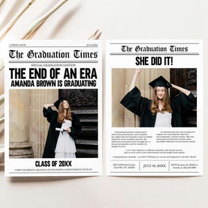 Invito alla laurea con il modello di giornale "The End of an Era" modificabile, biglietto fotografico per annuncio di laurea moderno, invito alla laurea con modello di giornale, 82SE