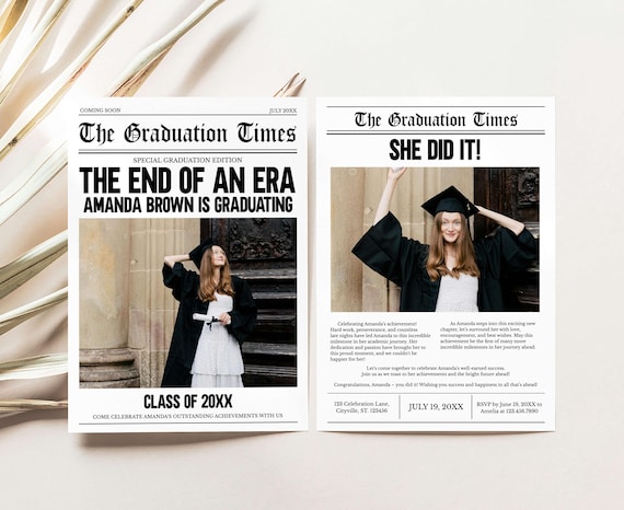 Editable The End of an Era Graduation Newspaper Invitation, Modern Grad Announcement Photo Card, Newspaper Template Graduation Invite, 82SE