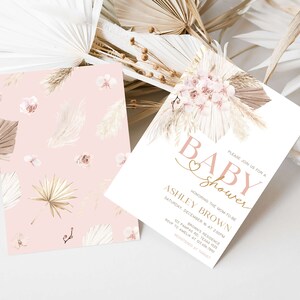 Invitación editable de baby shower boho rosa, invitación de baby shower de hierba de pampas para niña, plantilla de invitación de baby shower floral boho rústico, 0600 imagen 2