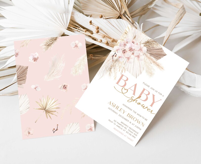 Invitación editable de baby shower boho rosa, invitación de baby shower de hierba de pampas para niña, plantilla de invitación de baby shower floral boho rústico, 0600 imagen 2