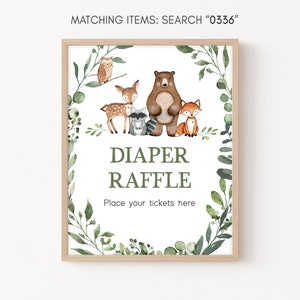 Diaper Raffle Sign Woodland Baby Shower Woodland Animals Baby Shower Diaper Raffle Game Sign Greenery Forest Animals Printable Template 0336