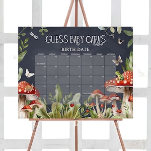 Bearbeitbarer Pilz-Babyparty-Fälligkeitsdatumskalender, Forest Little Musroom-Babypartykalender, Cottage Core-Pilz-Babypartyspiel 0844