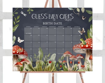 May include: A printable baby shower game with a chalkboard background and mushroom illustrations. The game asks guests to guess the baby's birth date. The calendar shows the month of October and November.
