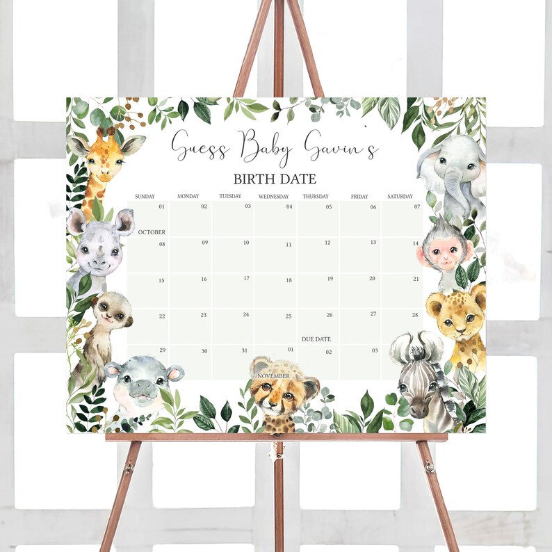Editable Safari Baby Shower Due Date Calendar, Sweet Baby Boy Jungle Baby Shower Calendar, Greenery Safari Animals Baby Shower Game, 0678 image 1