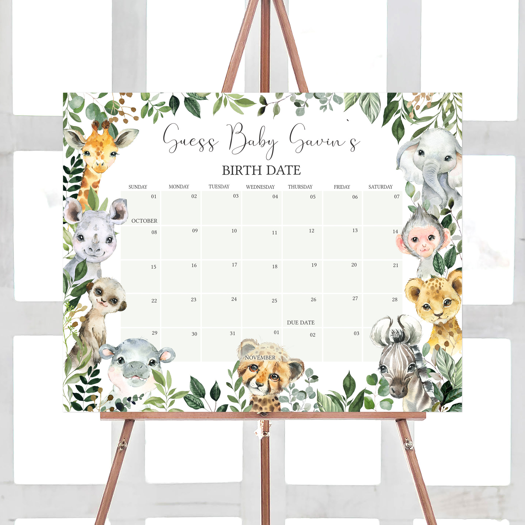 Editable Safari Baby Shower Due Date Calendar, Sweet Baby Boy Jungle Baby Shower Calendar, Greenery Safari Animals Baby Shower Game, 0678