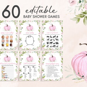Editable Pink Floral Pumpkin Baby Shower Games Bundle, Girl Pumpkin Baby Shower Game Pack, Greenery Fall Pumpkin Baby Shower Activities 0411