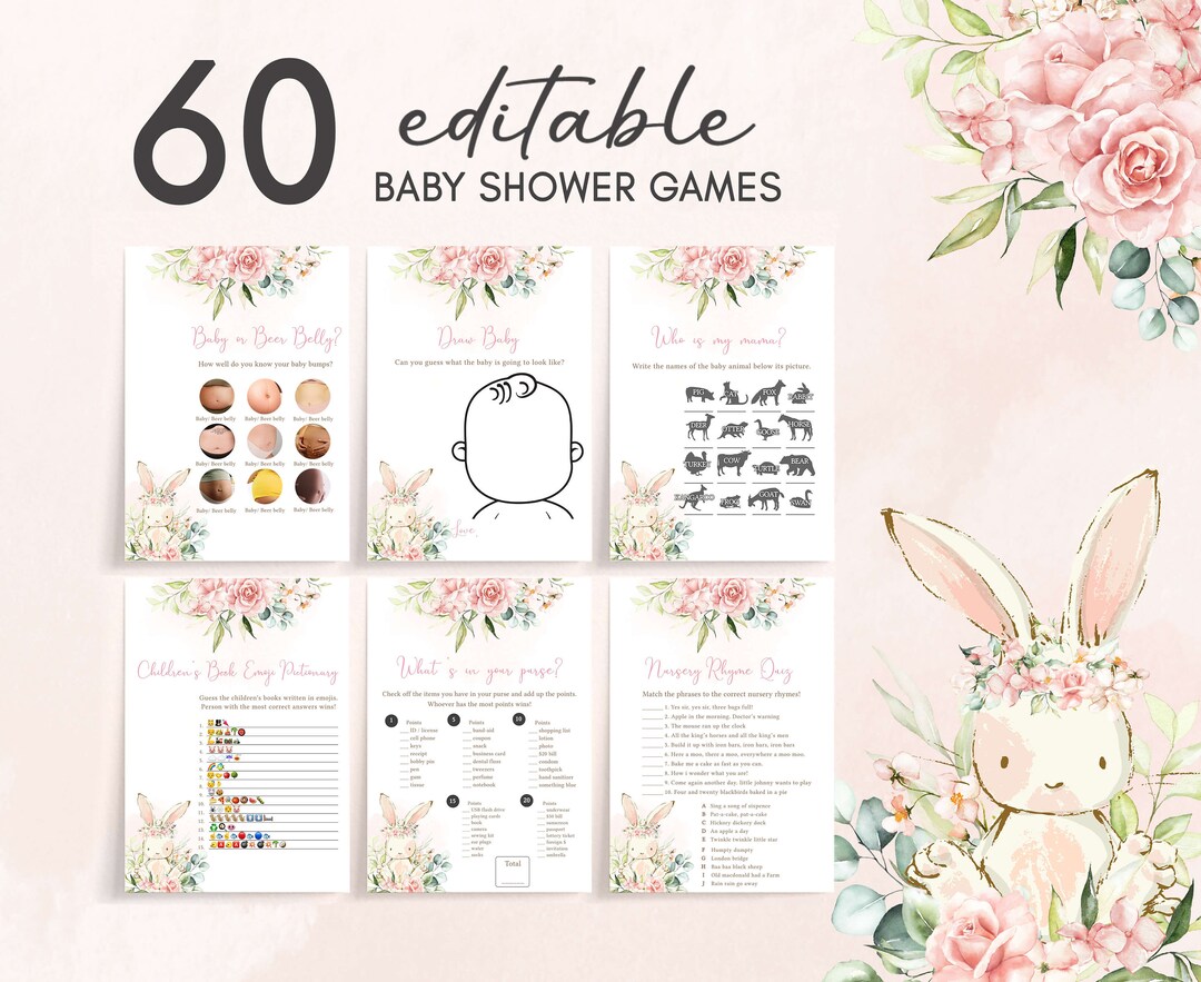 Editable Girl Bunny Rabbit Baby Shower Games Bundle, Pink Floral Baby ...