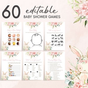 Lot de jeux modifiables pour baby shower lapin lapin, pack de jeux baby shower floral rose, modèle de jeux baby shower petite lapin fille, 0715