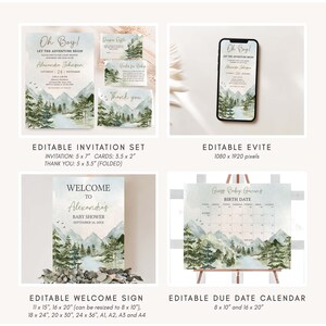 May include: Editable printable set for a baby shower with a woodland theme. The set includes an invitation, a thank you card, an evite, a welcome sign, and a due date calendar. The design features a watercolor illustration of mountains, trees, and a river.
