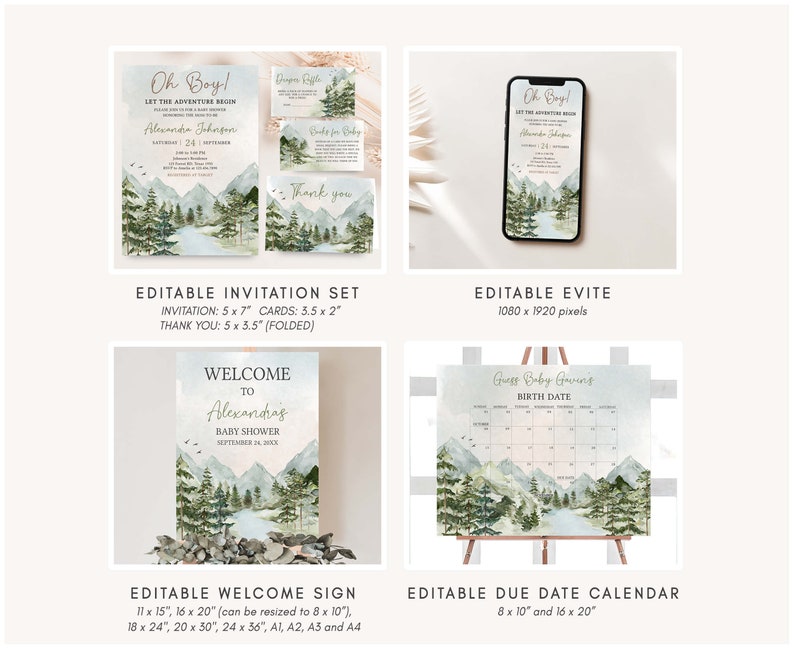 May include: Editable printable set for a baby shower with a woodland theme. The set includes an invitation, a thank you card, an evite, a welcome sign, and a due date calendar. The design features a watercolor illustration of mountains, trees, and a river.