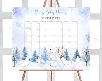 Bewerkbare winter pooldieren baby shower vervaldatum kalender, blauwe baby het is koud buiten baby shower kalender, jongen winter baby shower 0566