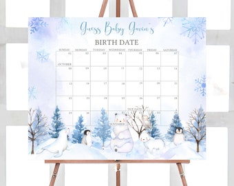 Peut inclure: Un calendrier de baby shower sur le thème de l'hiver. Le calendrier présente une illustration à l'aquarelle d'un paysage enneigé avec des ours polaires, des pingouins et des arbres. Le texte indique "Guess Baby Gavin's BIRTH DATE" et comprend une grille de calendrier.