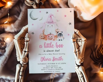Editable Pink A Little Boo is Almost Due Baby Shower Invitation, Girl Halloween Baby Shower Invitation, Ghost Fall Baby Shower Invite, 01147