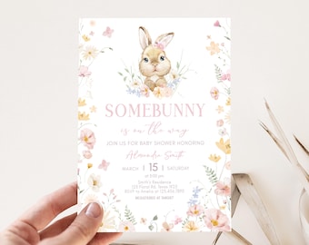 Invitación editable para baby shower con conejito floral rosa, invitación para baby shower con conejito It's a Girl, invitación para baby shower con conejo floral, 01008