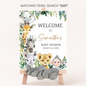 Redigerbar välkomstskylt för babyshower med en liten vild man, välkomstaffisch för djungelsafari, babyshowerskylt med gröna safaridjur 0601 bild 3