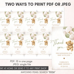 Editable Gender Neutral Bear Baby Shower Favor Tags, We Can Bearly Wait Baby Shower Gift Tag, Green Balloon Bear Shower Thank You Tags, 0526 image 5