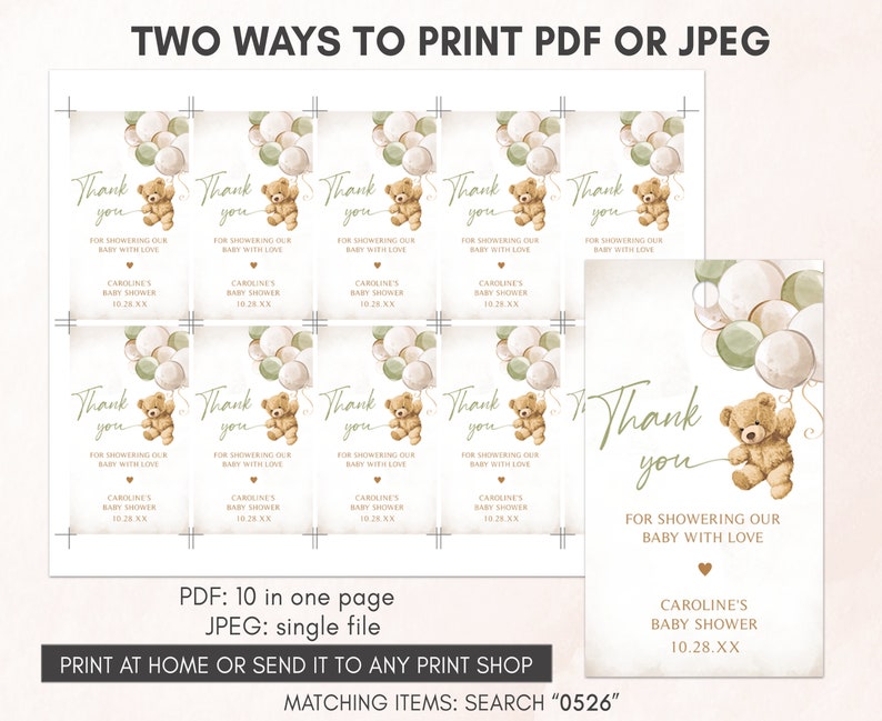 Editable Gender Neutral Bear Baby Shower Favor Tags, We Can Bearly Wait Baby Shower Gift Tag, Green Balloon Bear Shower Thank You Tags, 0526 image 5