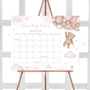 Bearbeitbarer Rosa Mädchen-Bär-Babyparty Fälligkeitsdatumskalender, wir können Bären-Babypartykalender warten, Rosa Ballon-Bär-Geburtstagsvorhersagen, 0507