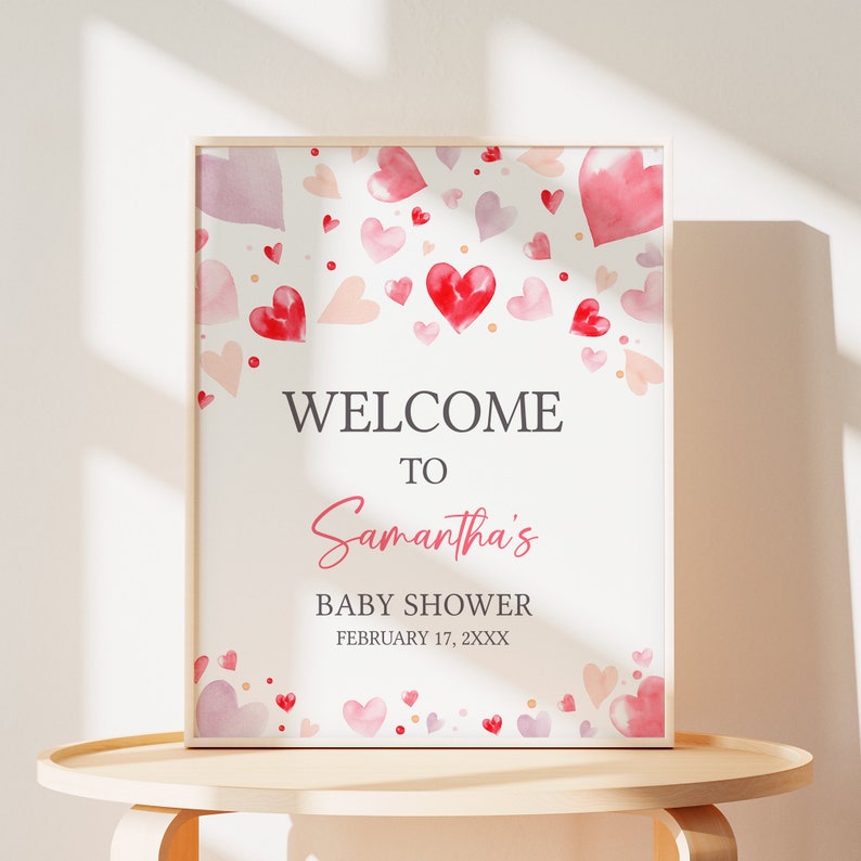Editable A Little Sweetheart Baby Shower Welcome Sign, Pink Red Heart Valentine's Baby Shower Welcome Poster, Girl Baby Shower Sign, 0587 image 1