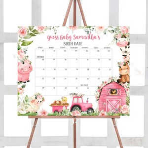 Calendário de data de vencimento do chá de bebê de fazenda editável floral rosa Barnyard chá de bebê menina calendário de fazenda previsões de aniversário modelo para impressão 0321