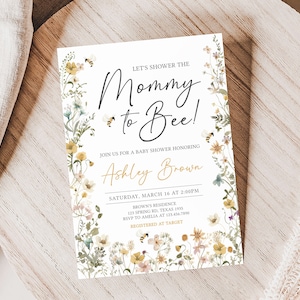 Editable Bee Baby Shower Invitation, Mommy to Bee Gender Neutral Baby Shower Invite, Wildflower Bee Baby Shower Invitation Template, 0639