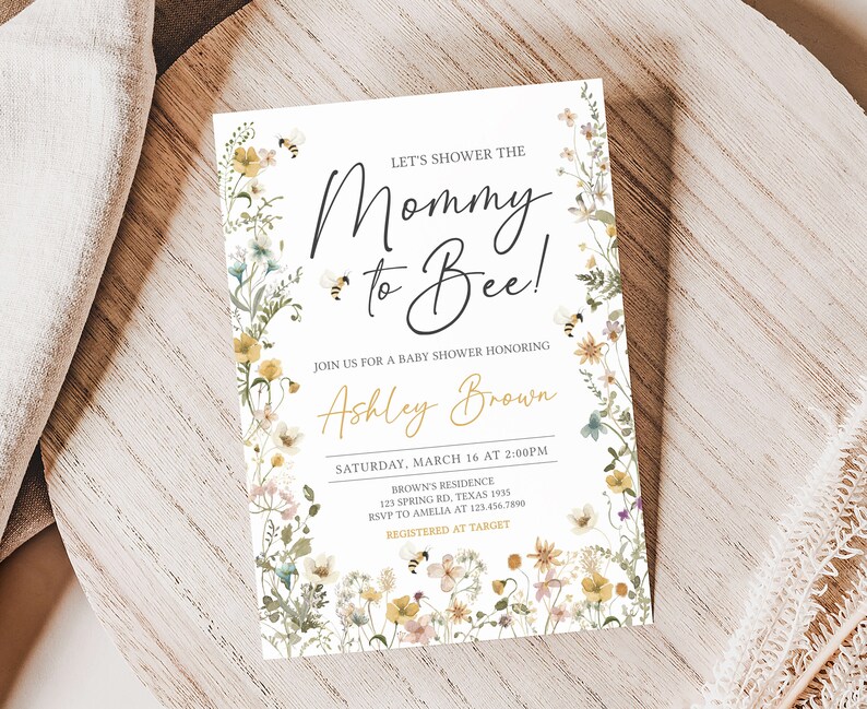 Editable Bee Baby Shower Invitation, Mommy to Bee Gender Neutral Baby Shower Invite, Wildflower Bee Baby Shower Invitation Template, 0639 image 1