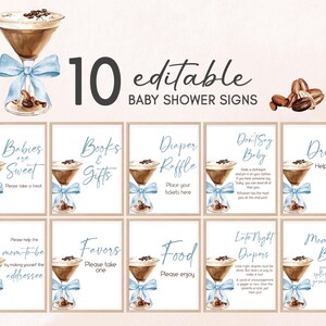Bearbeitbares Espresso Martini-Babyparty-Tischschild, ein Tini One ist unterwegs Brauen-Babyparty-Bundle-Zeichen Blaue Schleife-Kaffee-Babyparty 01097