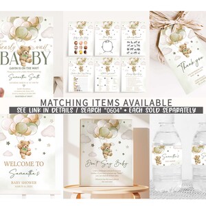 Puede incluir: Un conjunto de decoraciones imprimibles para una fiesta de baby shower con un lindo osito de peluche sosteniendo globos. Las decoraciones incluyen un letrero de bienvenida, un letrero de "no digas beb&eacute;", etiquetas para botellas de agua y una etiqueta de agradecimiento. El tema es de estilo acuarela con colores verde, marr&oacute;n y rosa.